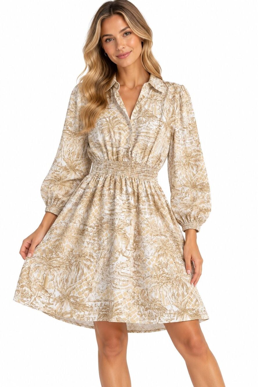 Lilly Pulitzer Beige Tropical Toile Smocked Waist Long Sleeve Dress Size 4